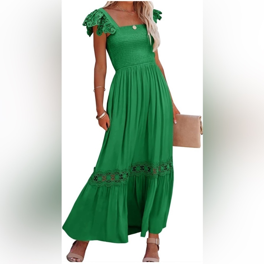 Unbranded Boho Lace Sleeveless Square Neck Ruffle Maxi Dress Pockets S L K-45